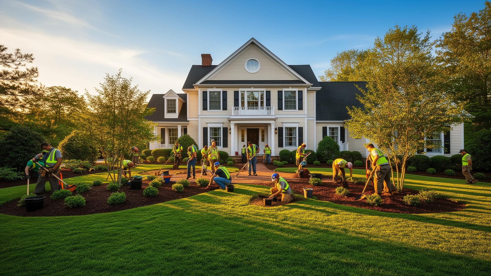 Landscaping crew working on a Maryland home's front yard